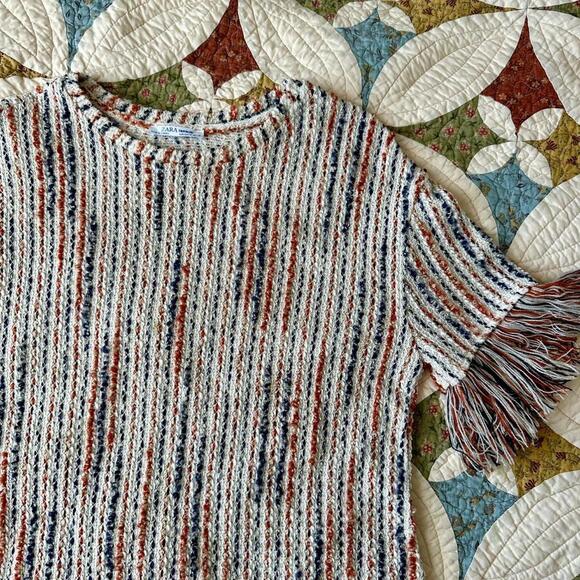 Zara fringe jacquard tweed dress white, orange, and navy striped mini dress - Picture 5 of 6